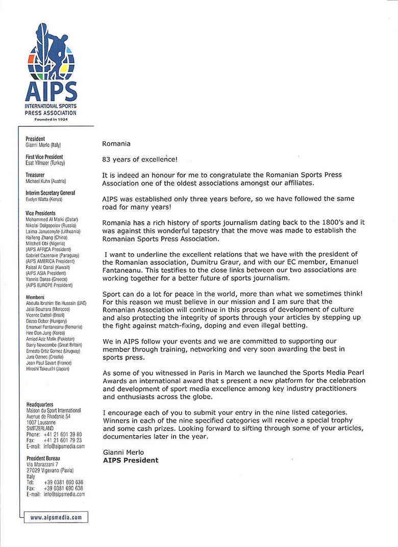 Mesajul preşedintelui AIPS, Gianni Merlo, adresat Adunării Generale a Asociaţiei Presei Sportive din România