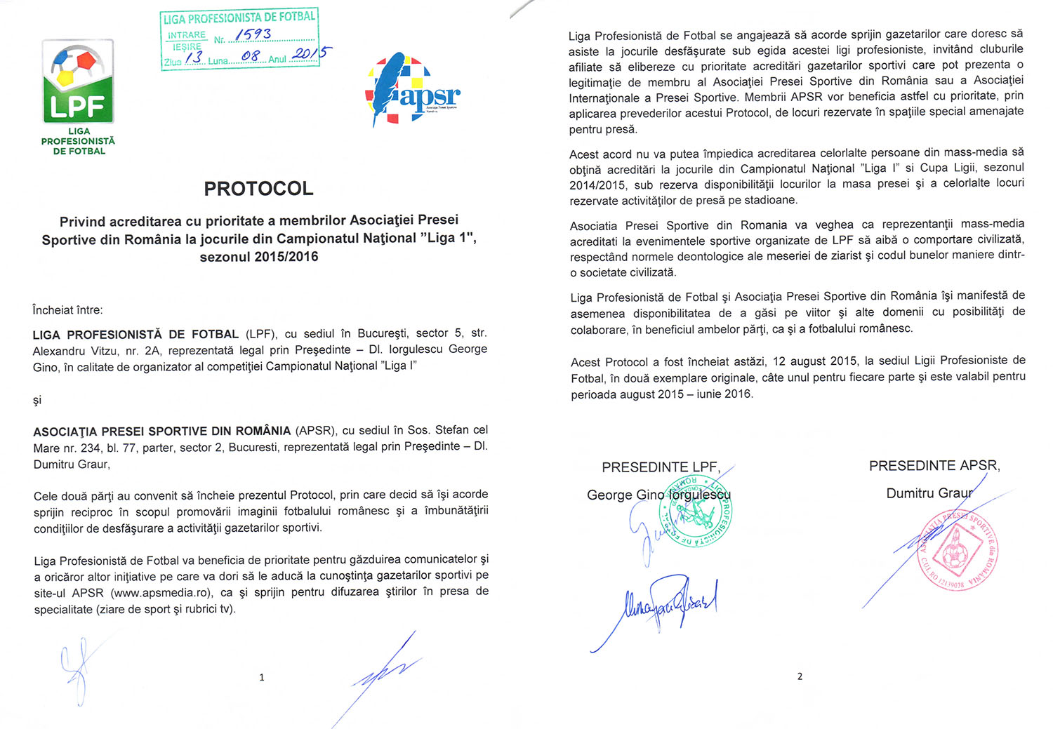 Protocol între Asociatia Presei Sportive şi Liga Profesionistă de Fotbal